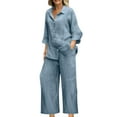 thumbnail image 2 of Roncen Women's Solid Color Shirt & Wide Leg Pants Set - Spring Summer Casual Turn-Down Collar Short Sleeve Tops with Pockets & Comfortable High Waist Trousers, 2 of 6