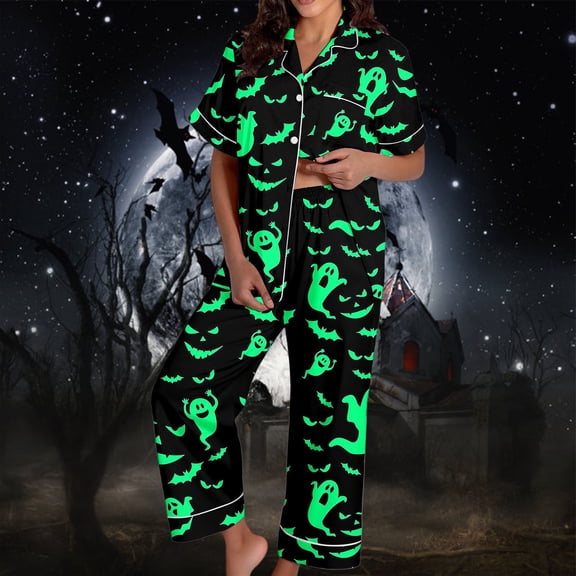 Womens Halloween Pajamas Ladies Satin Sleepwear Short Sleeve Top with Long Pants Lightweight Loungewear Pjs Sets for Women Green XXL