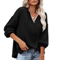 thumbnail image 1 of Mujeres con capucha Top encaje empalme cuello en V hombro caído cordón suéter suelto sudaderas para dama, 1 of 5