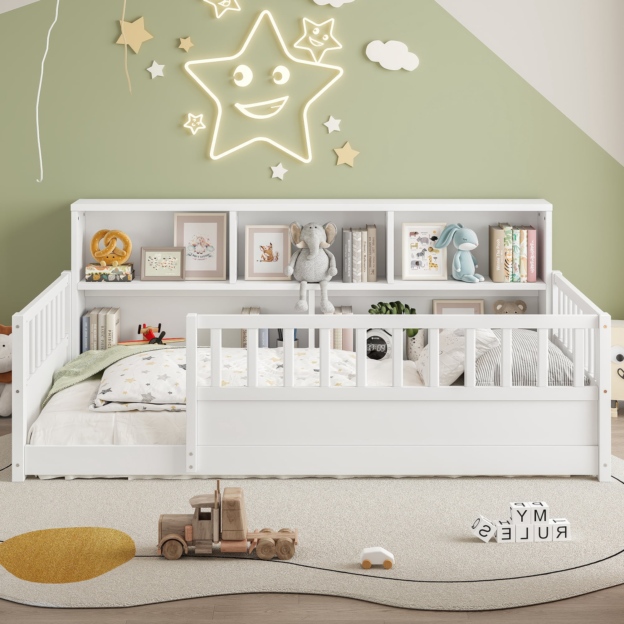 Miniyam Twin Size Wood Floor Bed with Guardrails, Storage & Bookshelf – Safe, Durable Design for Kids' Bedroom, White