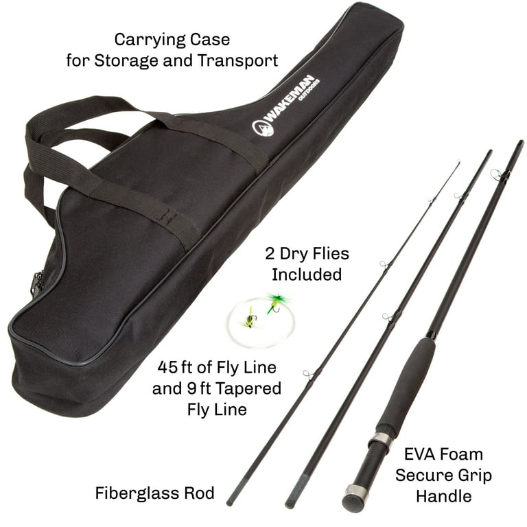Fly Fishing Rod and Reel Combo ? Carrying Case Flies and Fishing Line  Included ? Charter Series Gear and Accessories by Wakeman Outdoors (Black)  