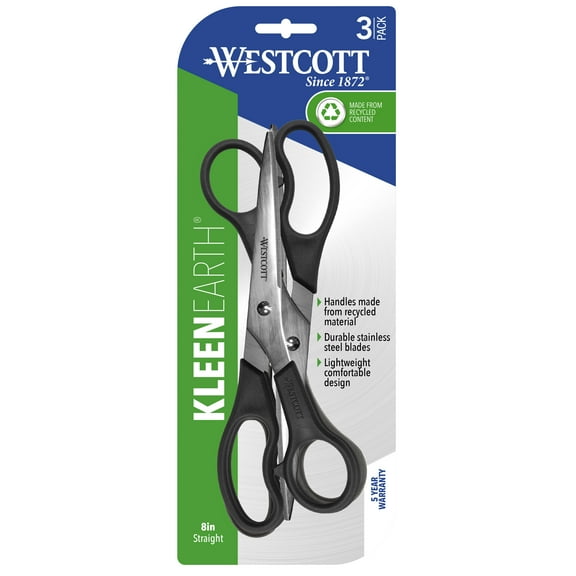 Westcott 8" Straight Kleen Earth Recycled Stainless Steel Scissor, Black, 3 Pack, High School Level