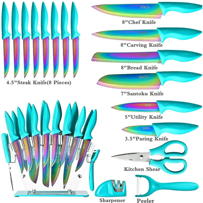 6 Piece Colorful Knife Set - 5 Kitchen Knives with 1 Peeler - Stainless  Steel Rainbow Chef Knife