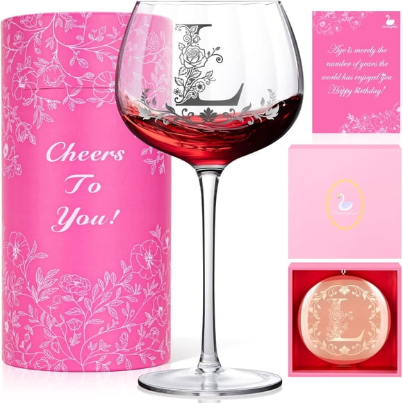 Verre à Vin Personnalisé avec Miroir Compact Cadeau pour Femmes, Verre à Vin Monogrammé A–Z Initiale, Cadeaux de Vin Personnalisés pour Elle, Cadeaux d'Anniversaire pour Maman, Sœur, Amie, Noël, Anniversaire