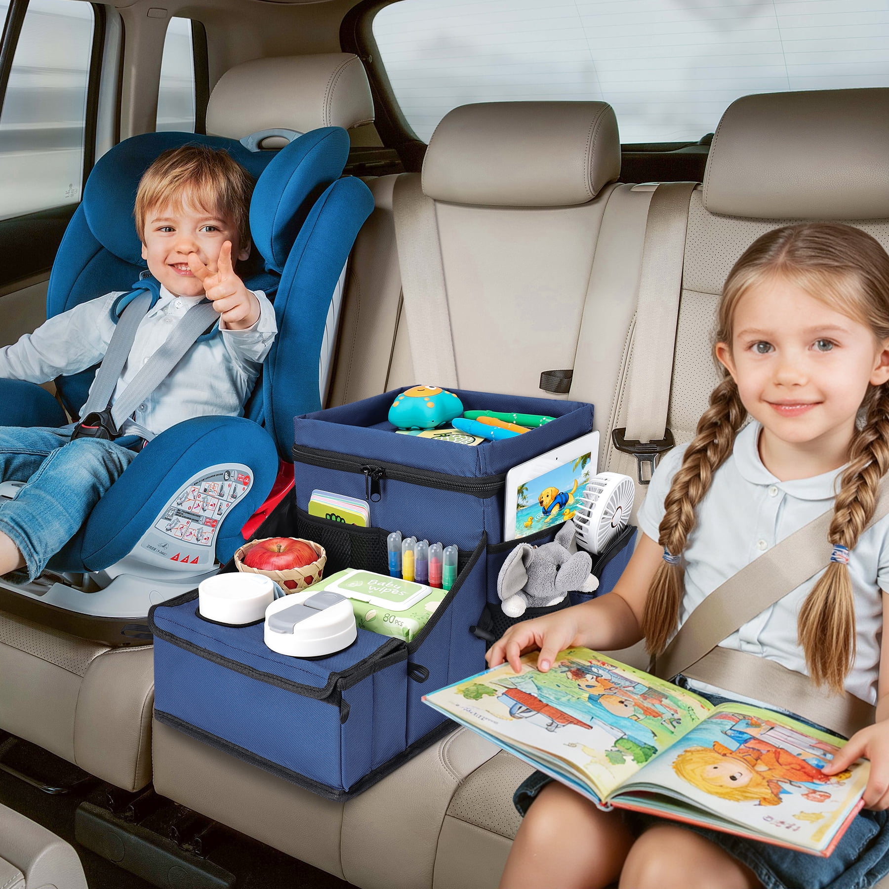 INFANZIA Car Seat Organizer, Backseat Van Organizer with Cup Holders for Car Front Passenger and Back Seat, Carseat Storages with Cooler Compartment for Kids and Adults for Toy, Snacks , Dark blue