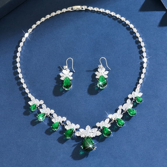 AEXTO Elegant Emerald Green Teardrop Rhinestone Jewelry Set for Women – Silver Tone V-Neck Floral Statement Necklace & Dangle Earrings with Crystal Detail – Luxury Bridal Wedding Party Accessories