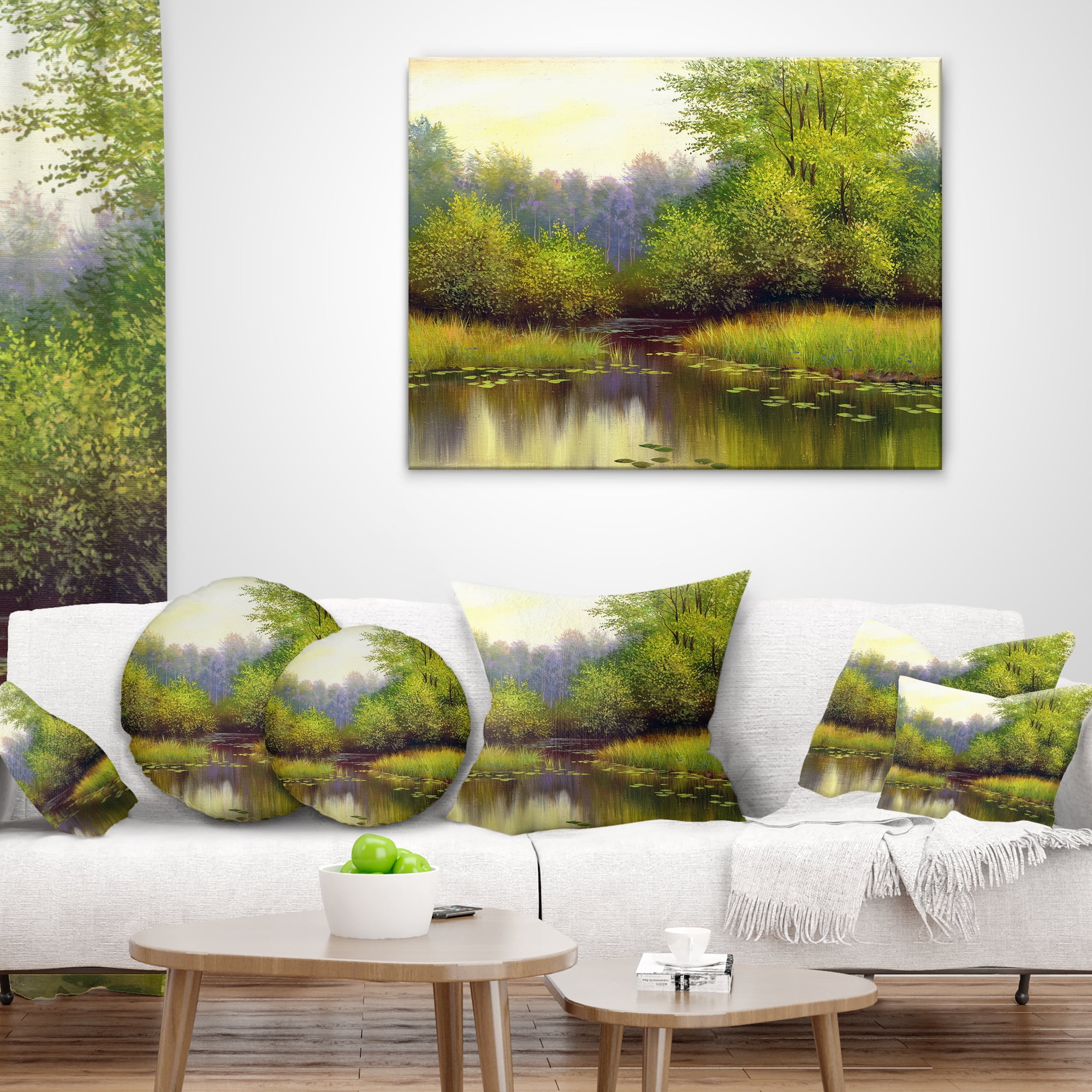 Designart Green Summer with River - Landscape Printed Throw Pillow - 18x18