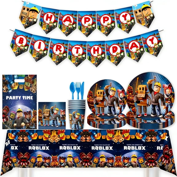 Roblo Birthday Party Surprise Decoration Set, Banners, Balloons, Paper cups, plates, forks，tablecloth 92PCS