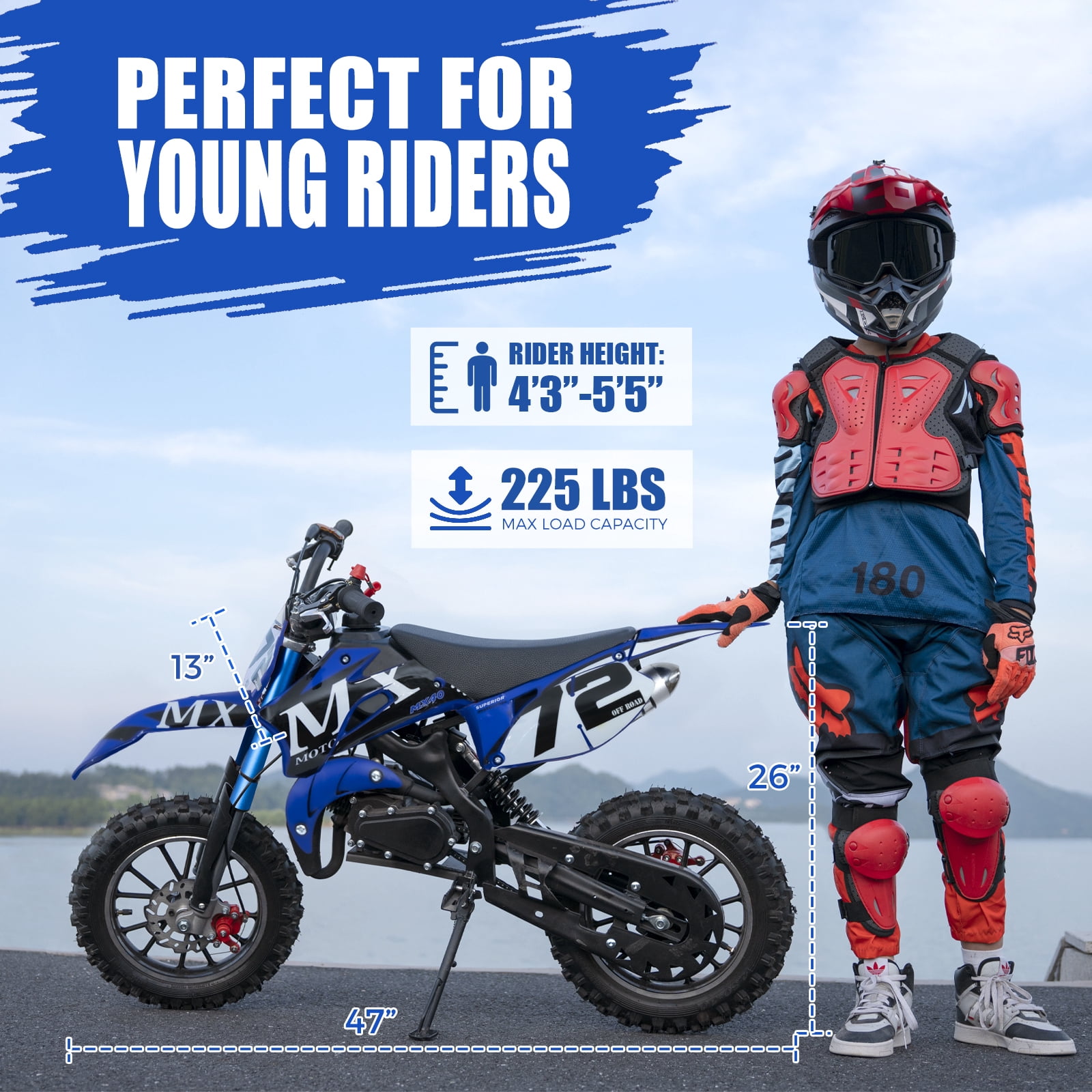 2-Stroke Off-Road Motorcycle, Kids Dirt Bike 49cc Gas Powered - 24 MPH Max Speed with Shock Absorber & Dual Disc Brakes，Kill Switch, Max Load 220LBS BLUE