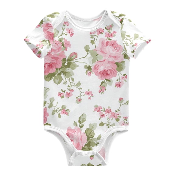 Chic Pink Roses Pure Cotton Bodysuit Short Sleeve Pajamas One-Piece Romper Unisex 3 Months