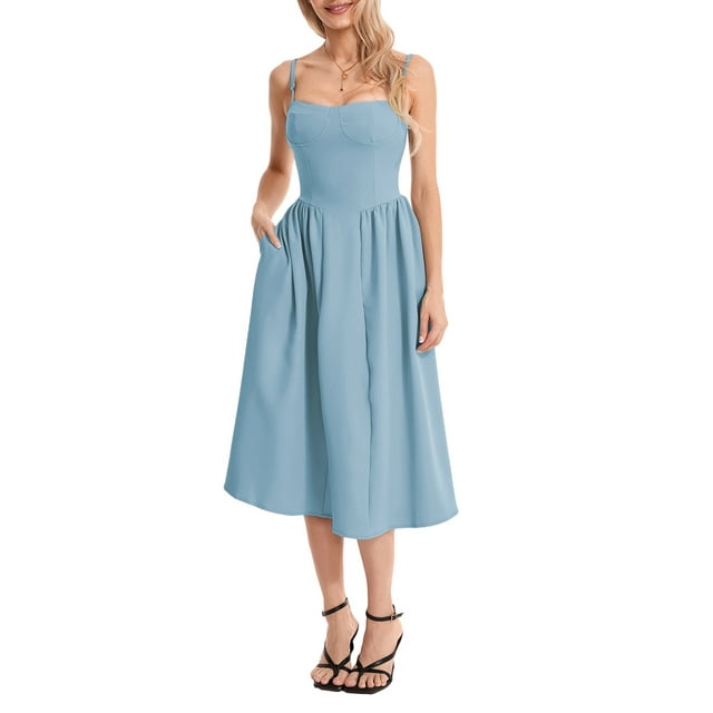 Vestido midi casual de verano para mujer, sin mangas, sin espalda, vestido de una línea de moda con bolsillos laterales de corte bajo,Light Blue,M