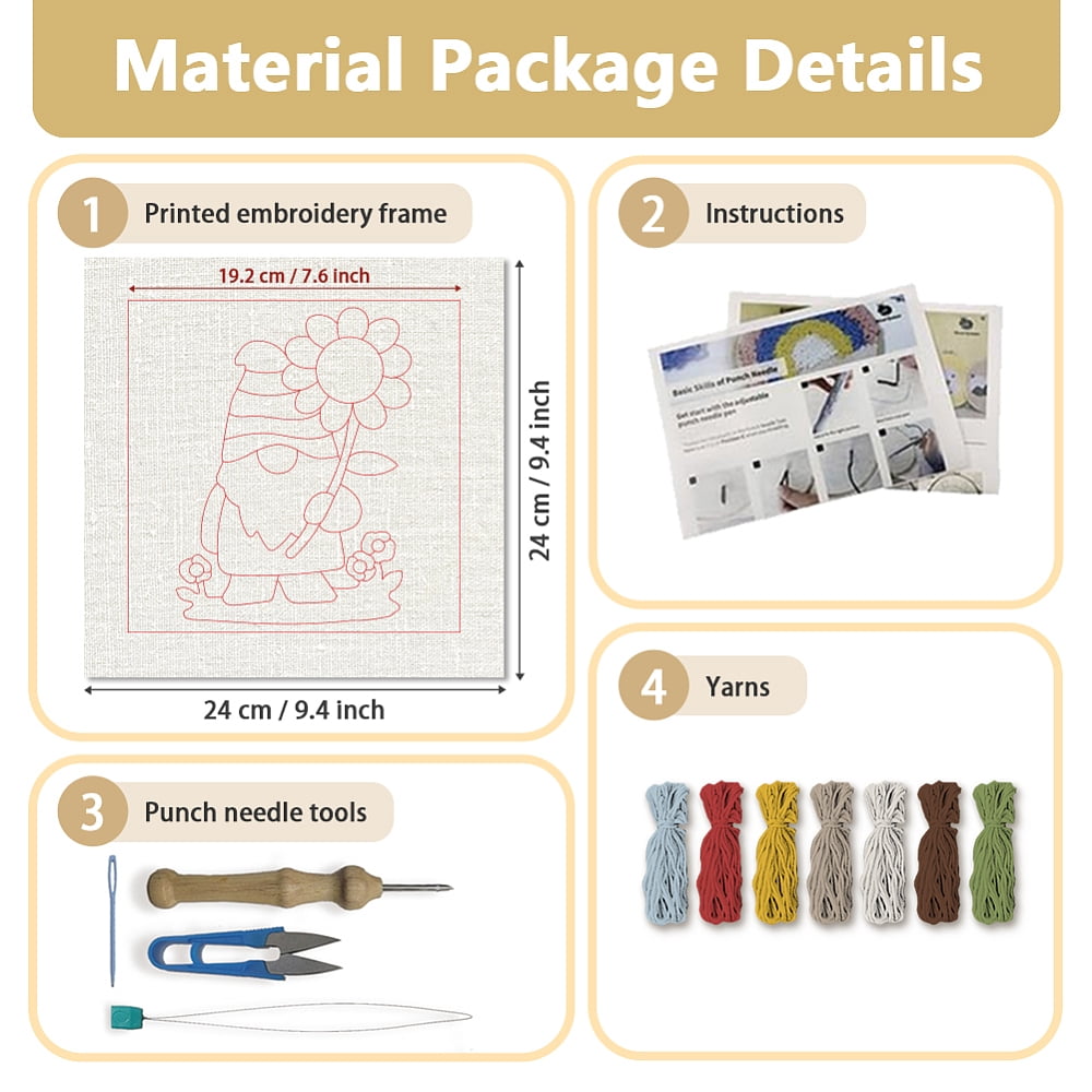 Polyester Cotton Punch Needle 4Folded Yarns Embroidery Kits Included Threader Cotton Thread Punch Needle Thread Clips 3.5MM Wooden Needle Gnome