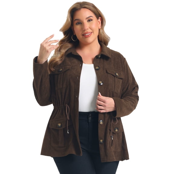 DARING DIVA Women's Plus Corduroy Jacket Long Sleeve with Pocket Shacket 1X Brown