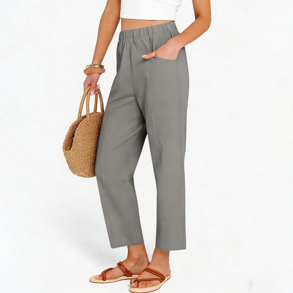Lumtrix Cotton Linen Pants for Women 2026 Summer Drawstring High Waisted Capri Wide Leg Beach Vacation Trousers with Pockets Gray 2XL