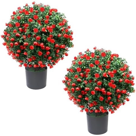 21.6” Tall Artificial Rose Topiary Ball Tree Set of 2 Pack, Faux Boxwood Ball Tree UV Resistant Potted Bushes Fake Plants for Outdoor Front Door Porch Home Office Decor