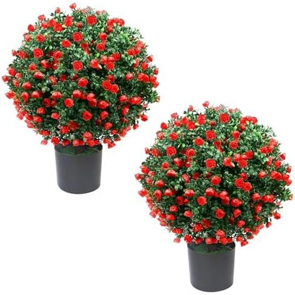 21.6” Tall Artificial Rose Topiary Ball Tree Set of 2 Pack, Faux Boxwood Ball Tree UV Resistant Potted Bushes Fake Plants for Outdoor Front Door Porch Home Office Decor