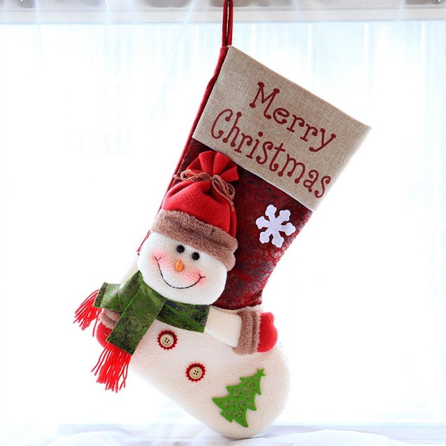 Bolsa de regalo con adornos navideños de seda verde Calcetines navideños con patrón de muñeco de nieve anciano Calcetines navideños tridimensionales