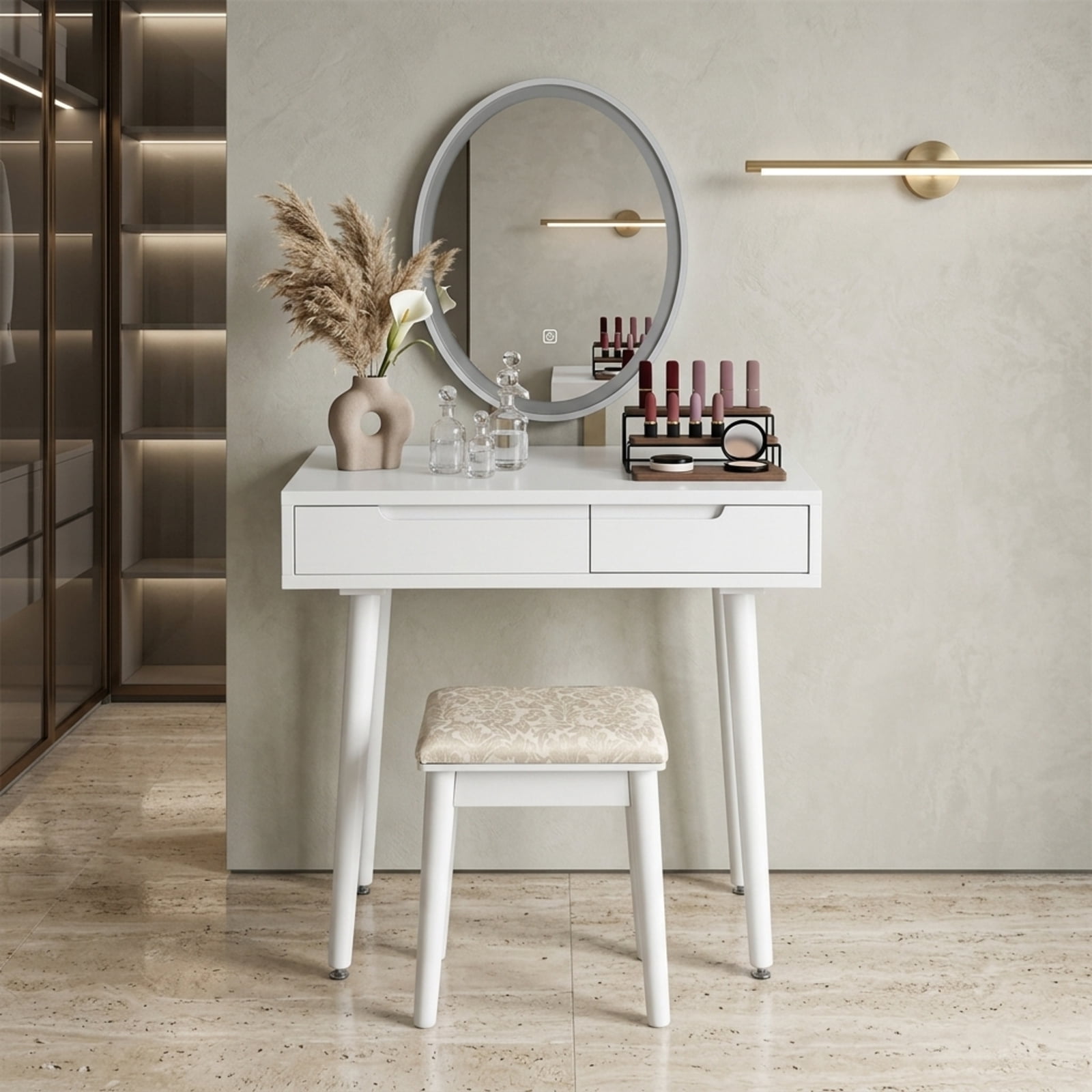 Furnibear Touch Screen Vanity Makeup Table Stool Set with Lighted Mirror for Bedroom Makeup Dressing Room Vanity Desk Mirror Set, White