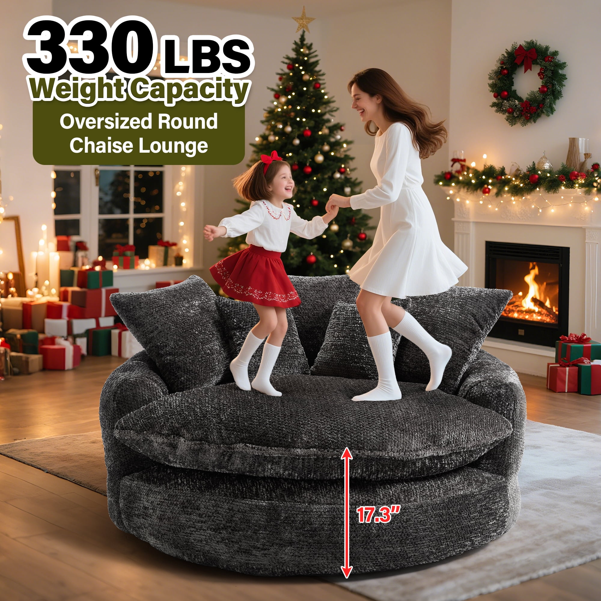 Aukfa 55" Oversized Round Chaise Lounge Chair, Fluffy Deep Seat Cloud Floor Sofa, Modern No Assembly Couch, Dark Gray