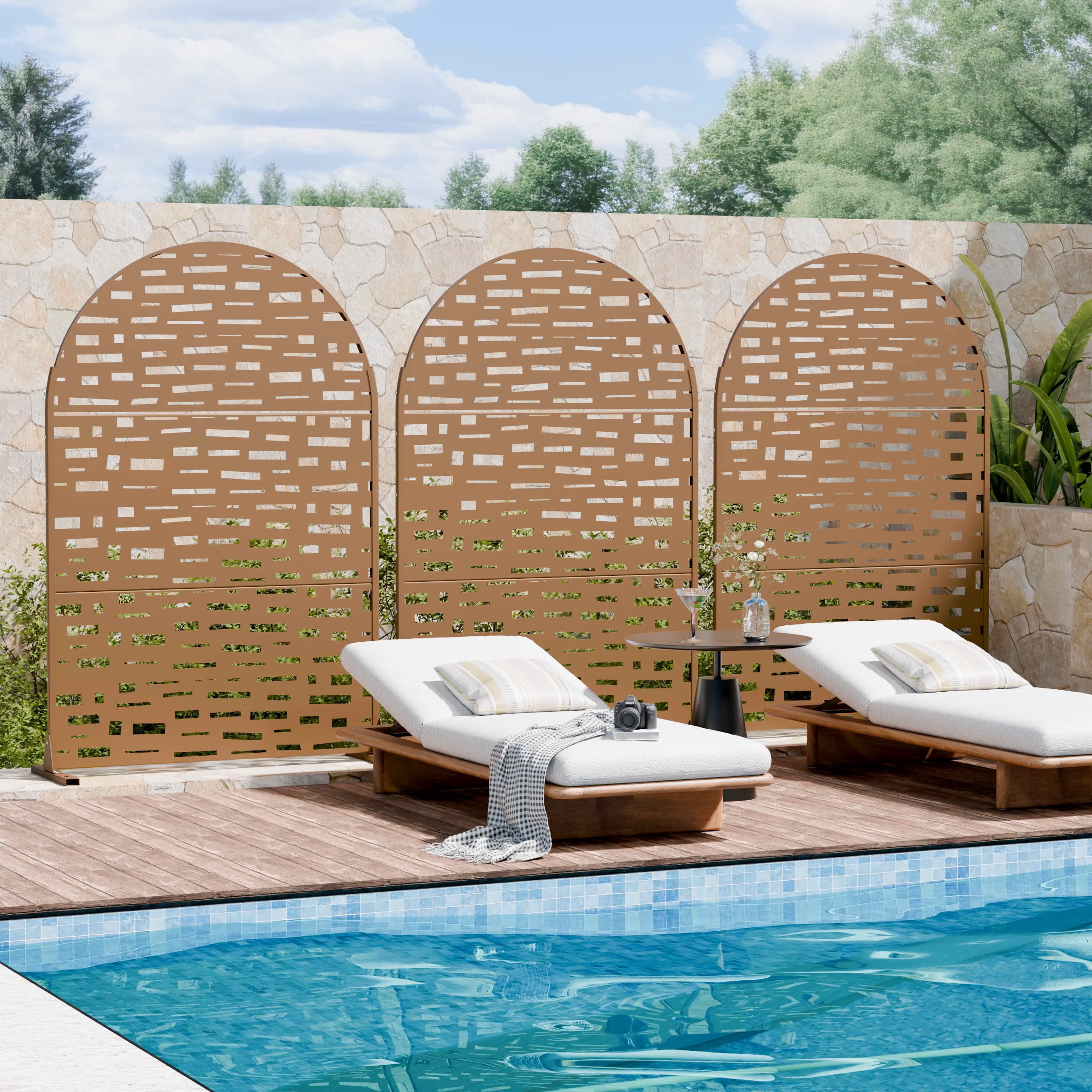 MAYEERTY 72X47" Metal Outdoor Brown Privacy Screen for Backyard & Garden, 3 Piece Set