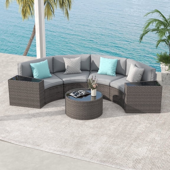 JOIVI 7-Piece Outdoor Patio Furniture Set, Sectional Half-Moon Sofa, Coffee Table, 4 Pillows, Grey Cushion, with Waterproof Cover, for Garden, Backyard, Porch, Sunroom or Pool