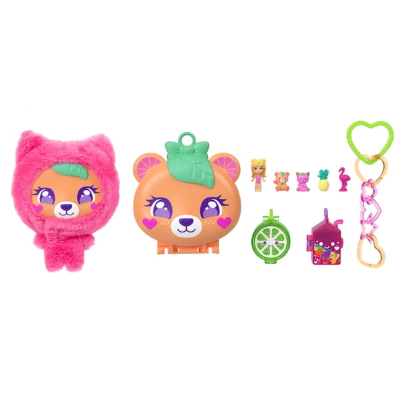 Polly Pocket Plushie Bear Compact, Doll & Keychain Playset with Pets, Fruit Themed Accessories
