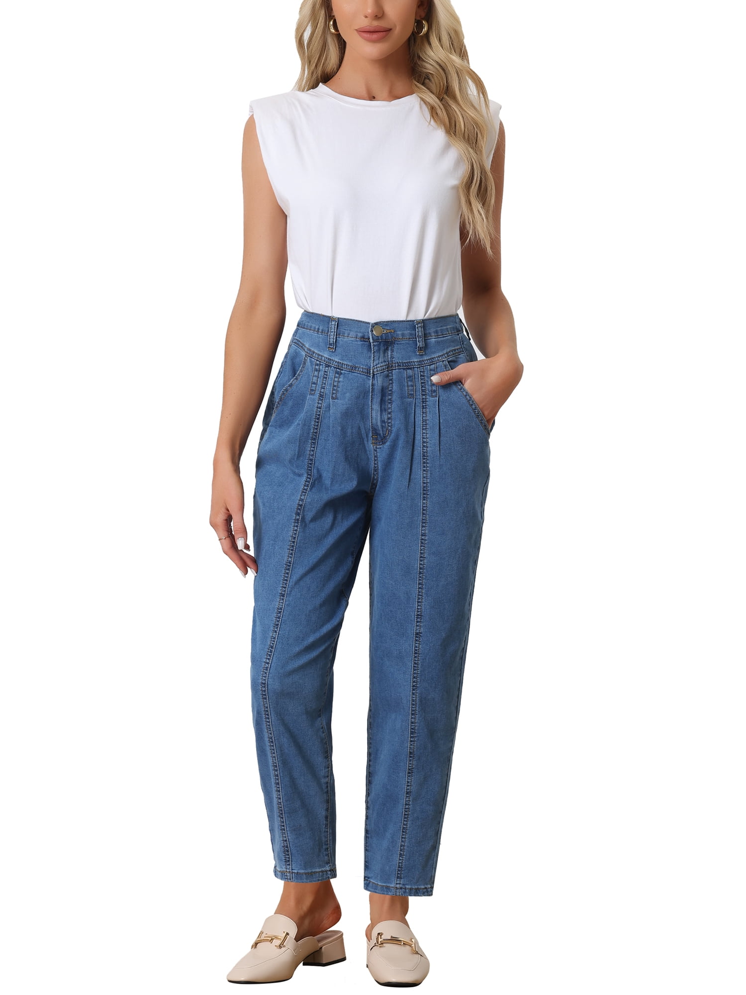Unique Bargains Women's Casual High Elastic Denim Pants Stretchy Tapered Jeans S Blue