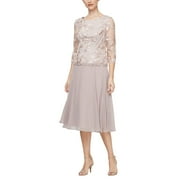Alex Evenings Tea Length Mock Embroidered Dress (Womens, Latte, 6)