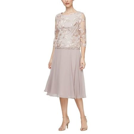 Alex Evenings Tea Length Mock Embroidered Dress (Womens, Latte, 6)