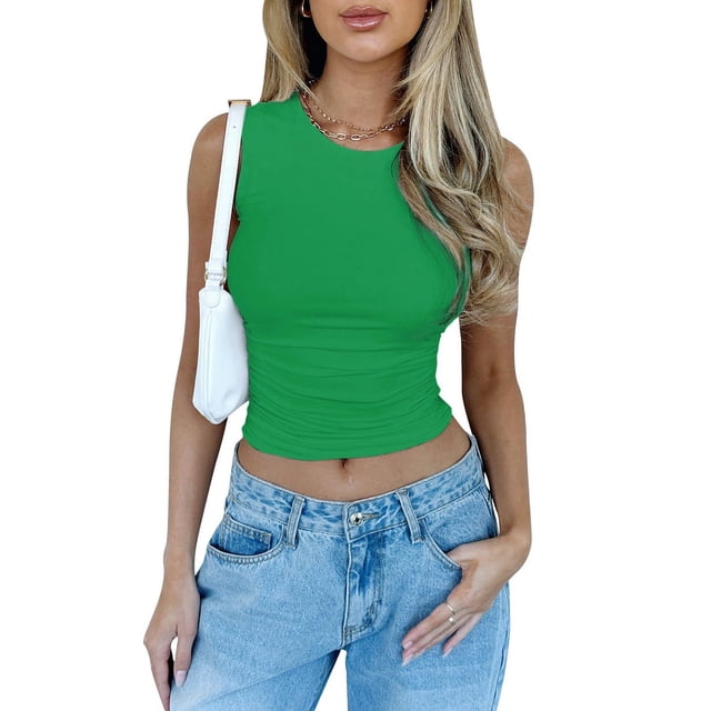 Womens Summer Tank Tops Sleeveless Crewneck Knit Slim Fitted Side Ruched Casual Basic Shirt Green S