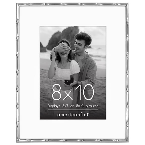 Americanflat 8x10 Picture Frame with Shatter-Resistant Glass with 5x7 Mat Metal Bamboo Style Molding - Silver