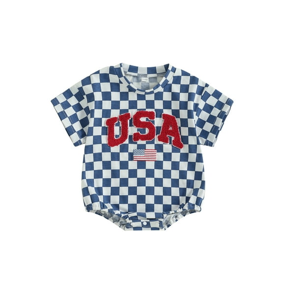 CocMouse Baby 4th of July Romper Embroidery Plaid Short Sleeve Newborn Jumpsuit