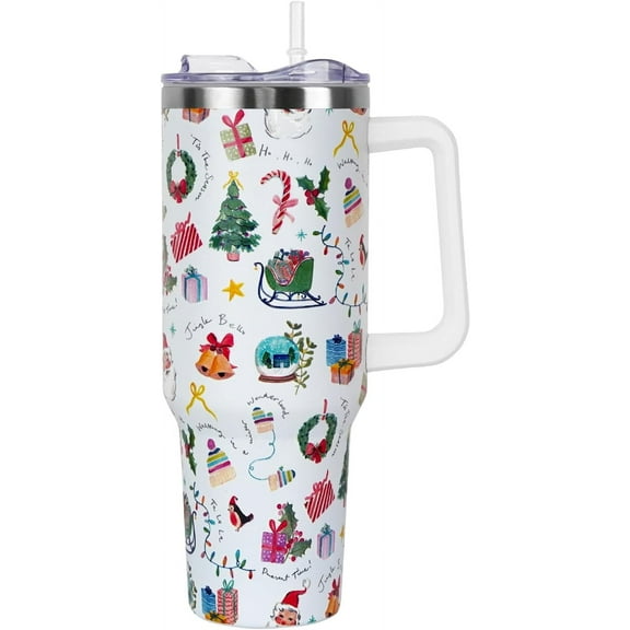 Christmas Gifts 40 oz Tumbler with Handle and Straw Lid,Cute Gifts for Women Snow Globe Xmas Tree Lights Vacuum Insulated Leak Proof Tumbler,Winter Holiday Accessories Stainless Steel Coffee Cup Mug