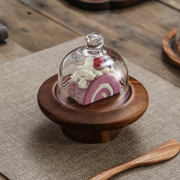 Mini Cake Stand, Dessert Display Stand, High Foot Glass Dome Wood Plate for Dessert Table Setting, Restaurant Hotel Sweet Shop Decoration