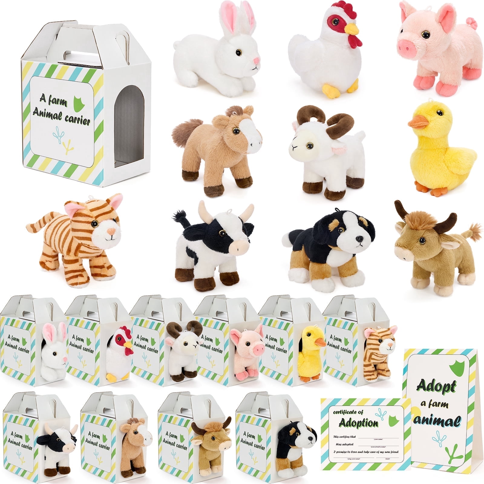 MorisMos 31 Pieces Adopt Farm Animal with 10 Barn Boxes, 10 Plush Farm Animals, 10 Adoption Cards & 1 Sign