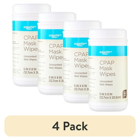 (4 pack) Equate CPAP Cotton Mask Wipes, Unscented and Natural, No Harmful Chemicals, 5"x 8", 62 Count