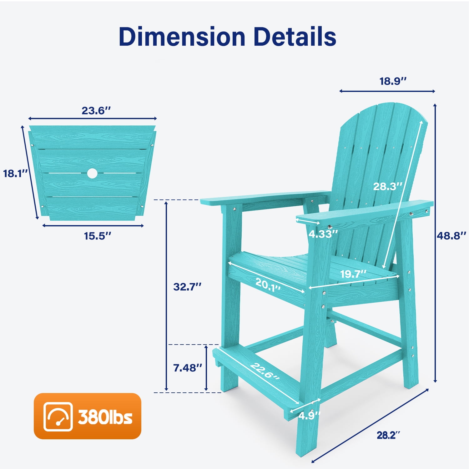 WINSOON Tall Adirondack Chair Set of 2 with Connecting Tray,Outdoor Bar Stools-Baby Blue