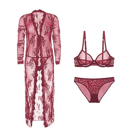 

Women s Lingerie Set lace Robe and See-Through Bra and Panties and Thong 4 pcs