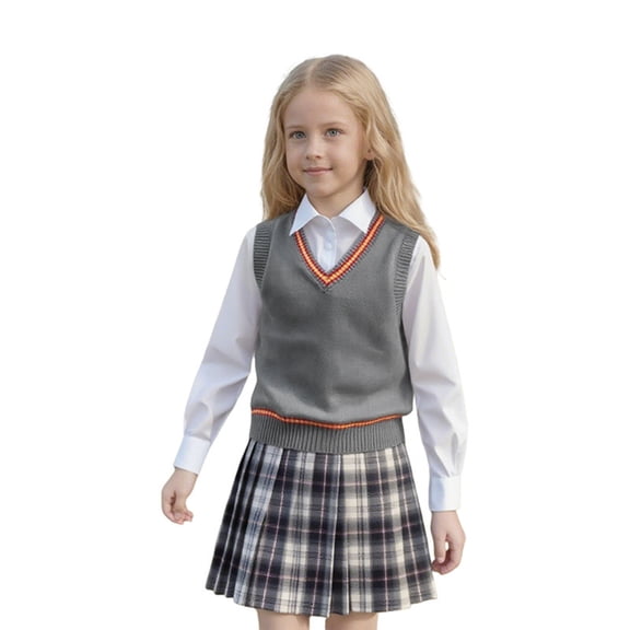 Fnhpitd Sweater Vest Girls Fall and Winter Waistcoat, School Uniforms Sleeveless Knit Pullover Grey 110