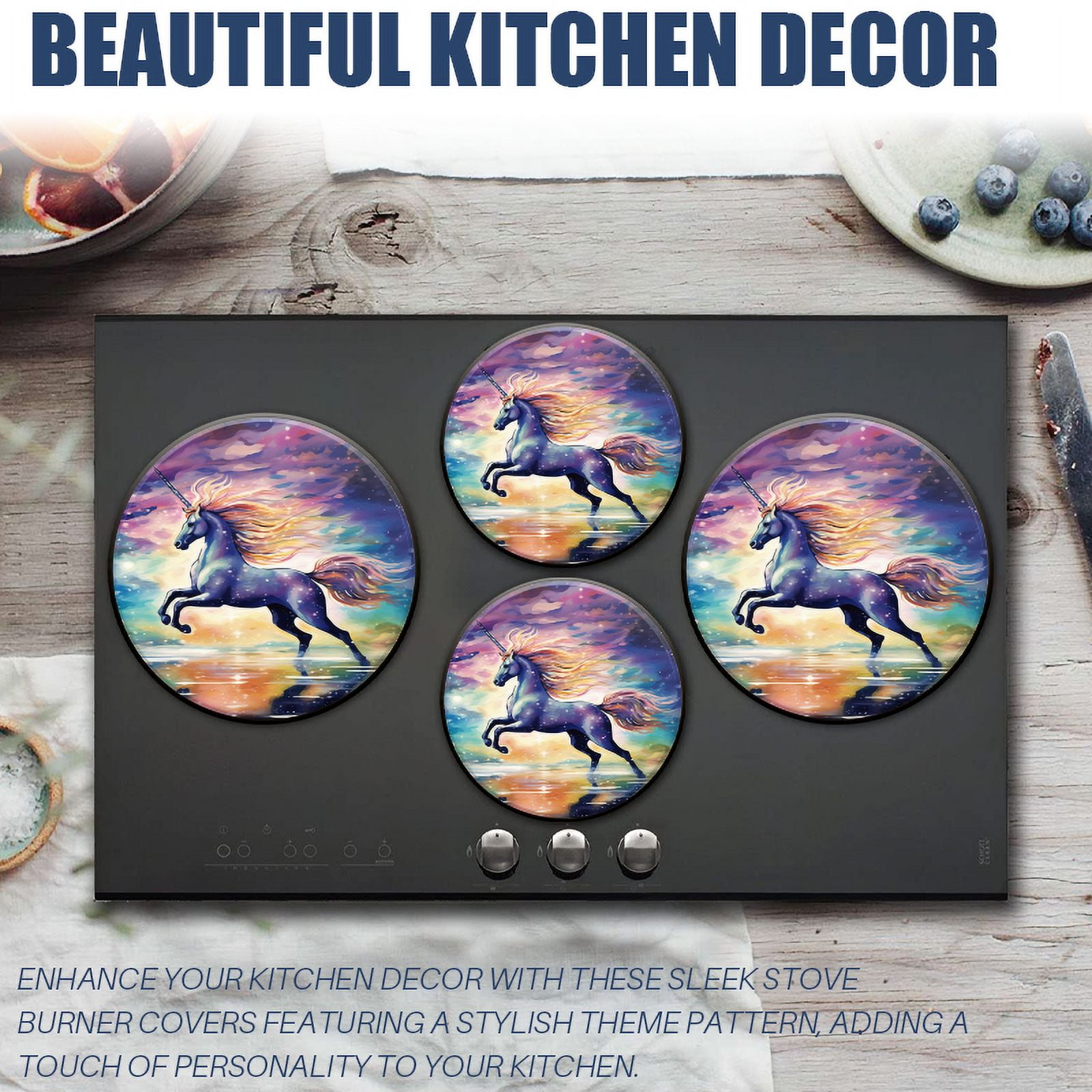BaHomeck Electric Stove Burner Covers Set of 4,Round Metal Gas Stove Burner Covers 8 Inch and 10 Inch,Kitchen Decor,Majestic Unicorn Gracefully Leaping Over Shimmering Water