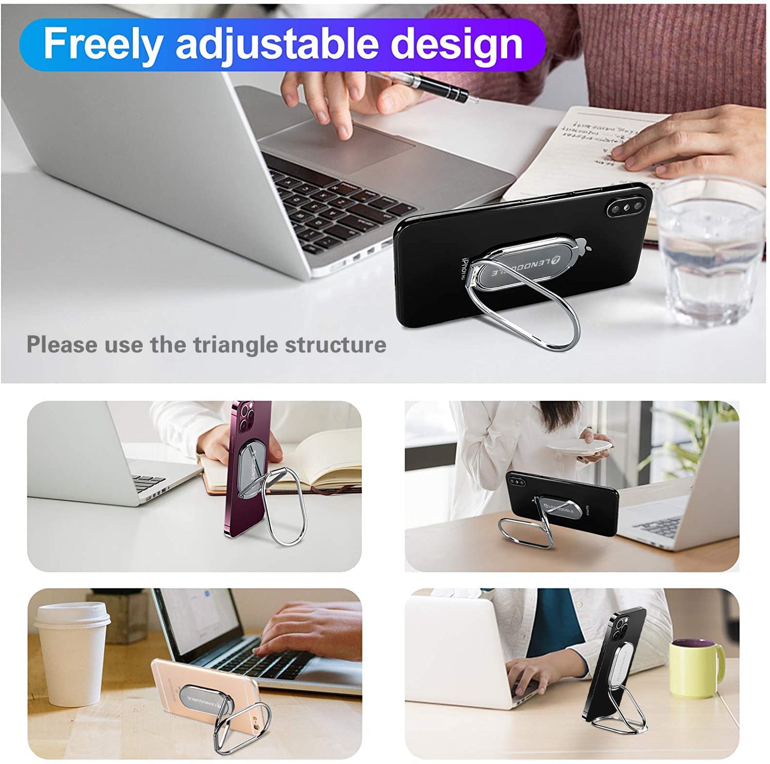 MKEUDQ-Foldable Cell Phone Stand for Desk, Adjustable Cellphone Ring Holder Finger Kickstand for Office Desktop & Magnetic Car Mount, Rotatable Multi-Angle Hand Grip for iPhone 16 15 Smartphones Back