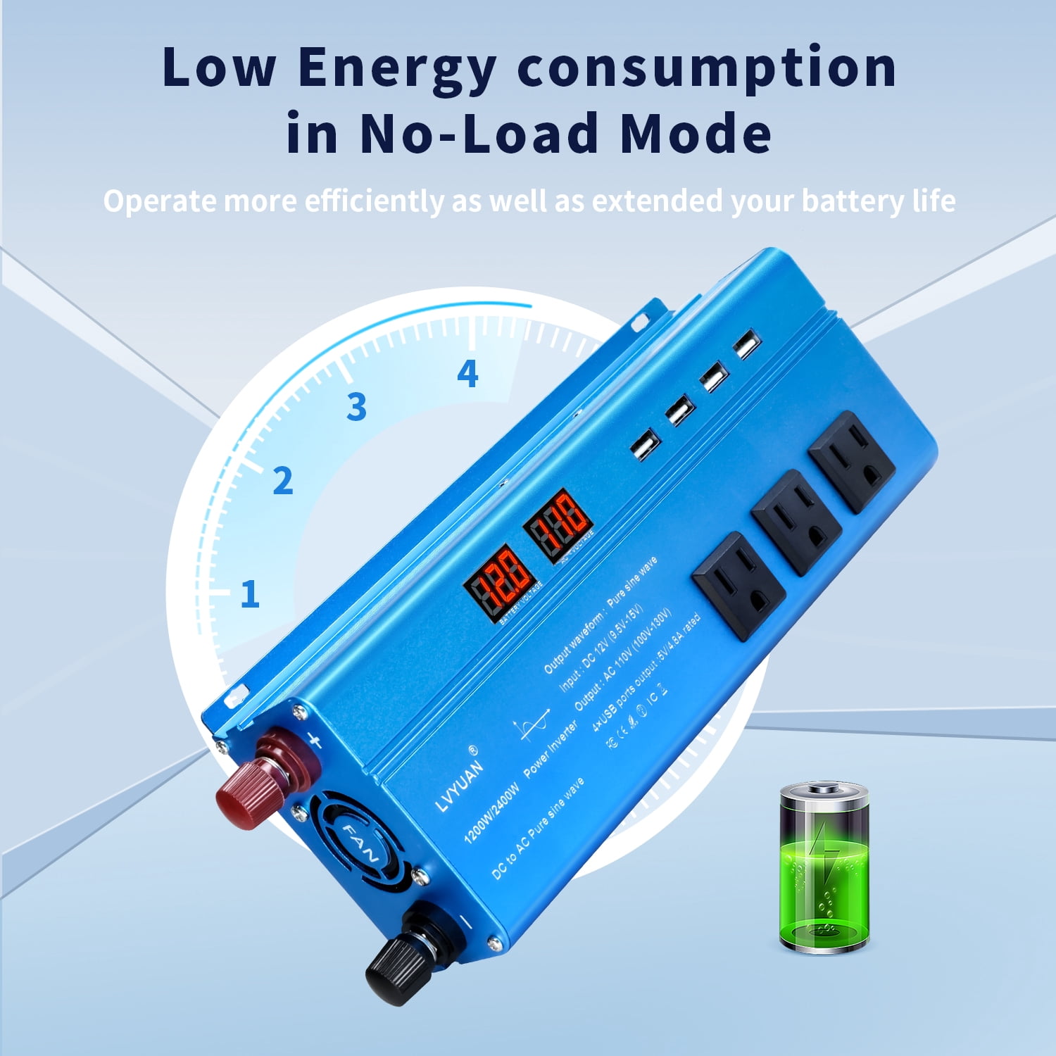 LVYUAN 1200W 2400W Peak Pure Sine Wave Power Inverter 12V to 110V DC to AC Converter with LED Display, 3 US Outlets, 4 USB, Ideal for Vehicles, RVs, Outdoor & Home Use