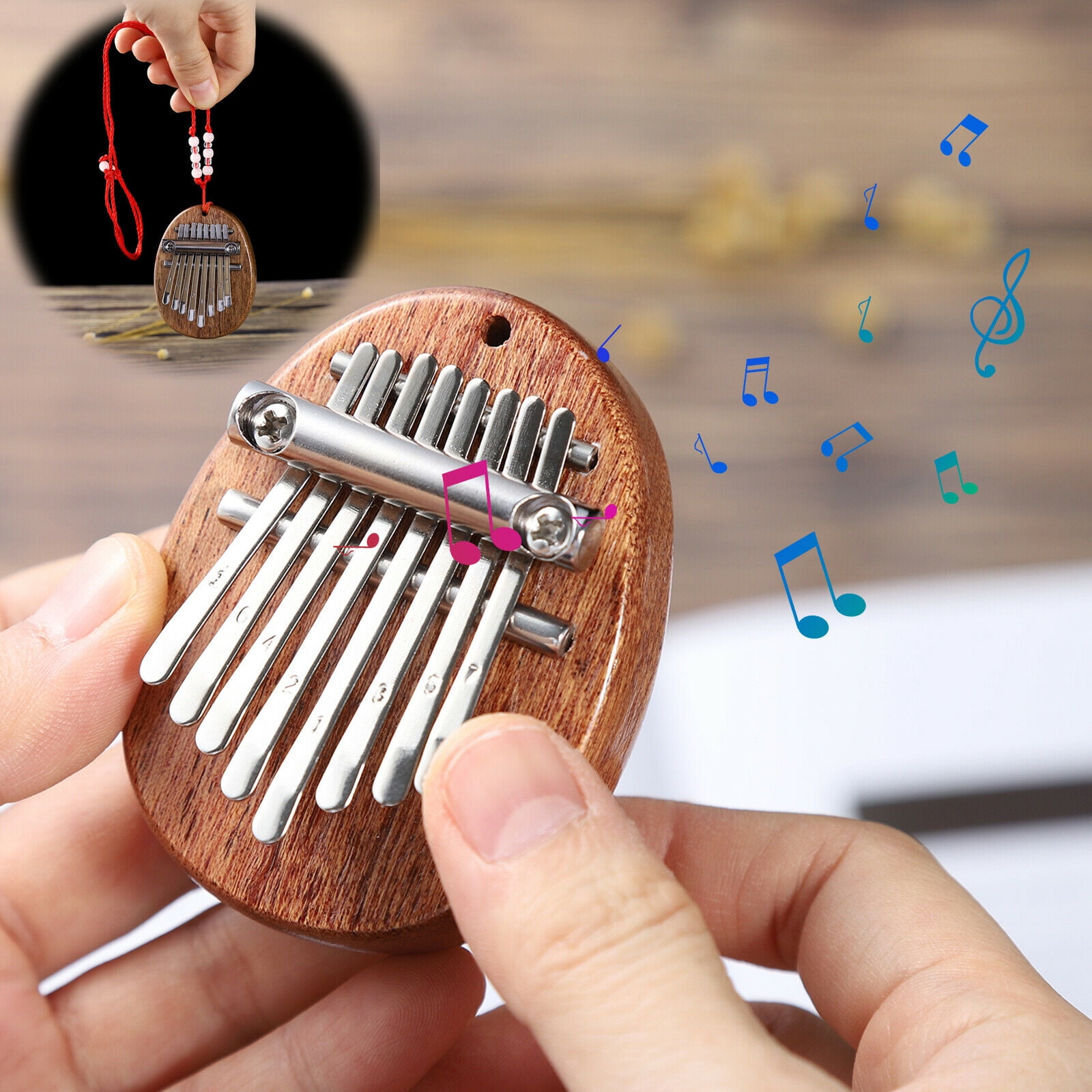 Mini Kalimba Thumb Piano 8 Keys,Portable Solid Wood Mbira Finger Piano for Kids and Adults,Pocket Musical Gifts for Beginners w/ Chain 