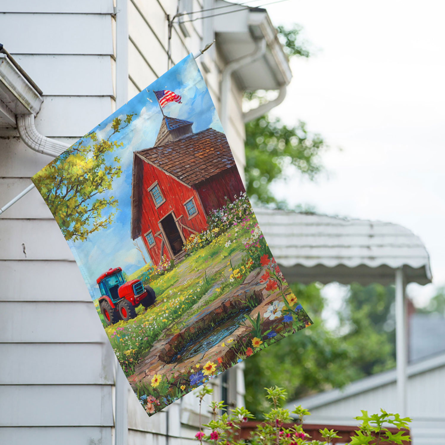 America Forever Patriotic Red Schoolhouse House Flag, 28 x 40 inch Double Sided, American Flag Tractor Country Farm, Spring Summer Seasonal Outdoor Decor, Rural Flag