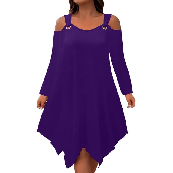 Plus Size Women's Solid Dress Off The Shoulder Long Sleeve Asymmetrical Hem Mini Dress Purple 4XL