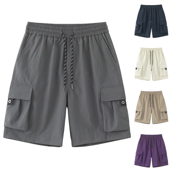 Fengqque Men's Fashionable Loose Casual Elastic Waist Drawstring Cargo Elastic Shorts with Multi-pocket Purple XL(XL)