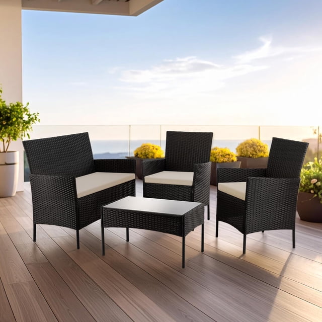 Sala de Jardín KingsHouse Rattan tipo Mimbre con Cojines y Mesa de Vidrio Templado negro 7