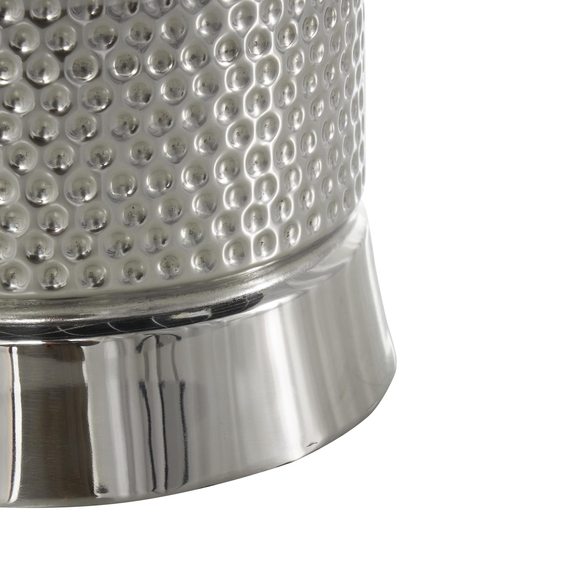 DecMode Round Stainless Steel Metal Hammered Silver Ice Bucket with Brown Leather Handles