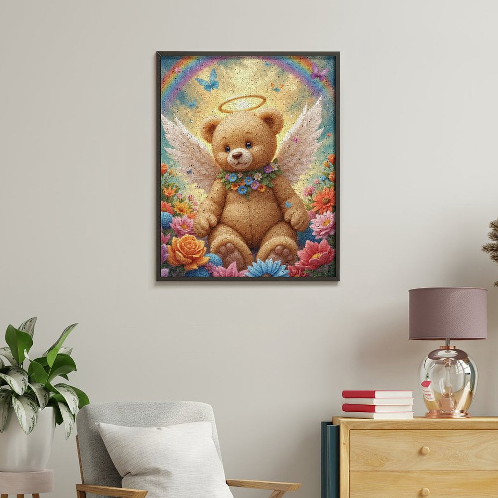 Paint By Numbers Kit for Adults Beginner - DIY Teddy Angel Rainbow Garden Canvas Painting Kits for Adults, Frameless Paint By Number for Adults for Home Wall Decor 16x20 Inch