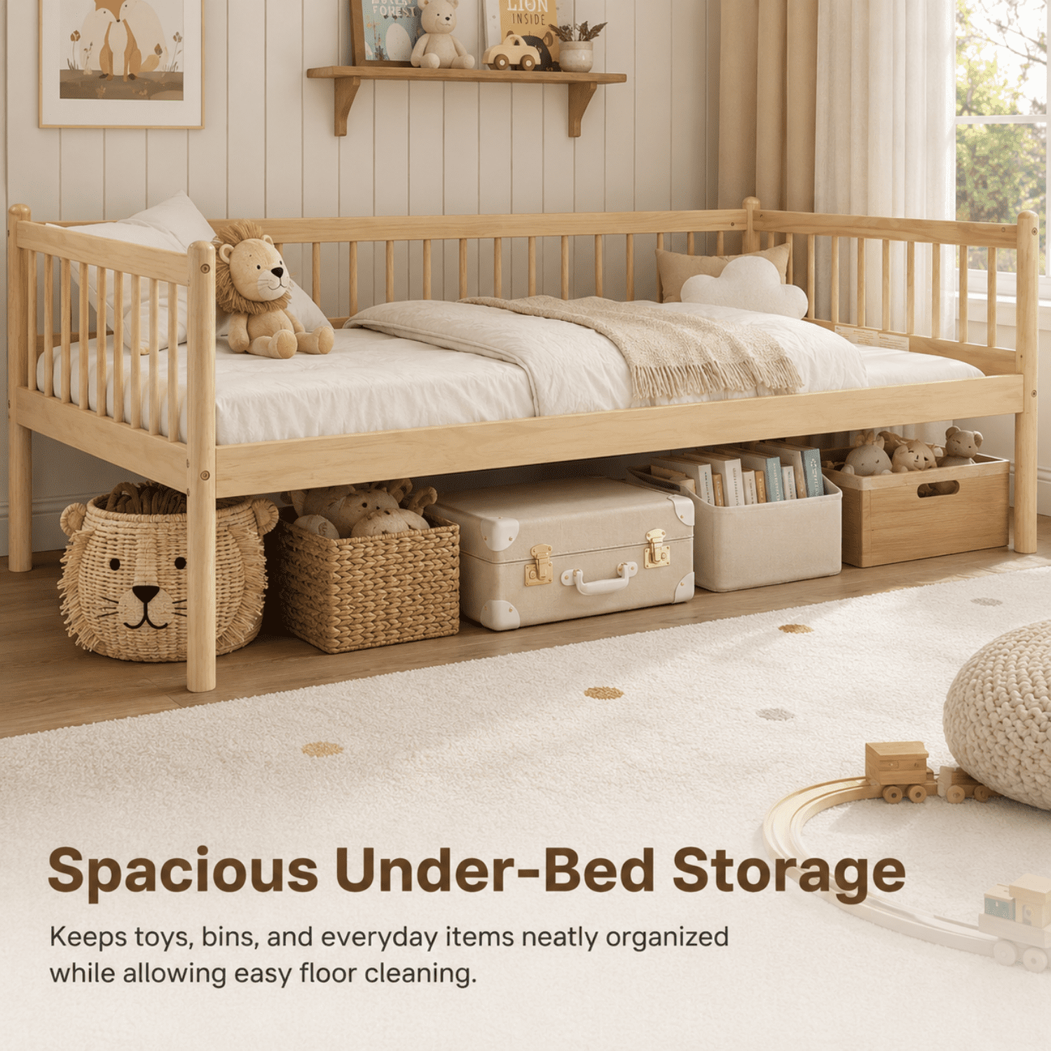 Miniyam Twin Wooden Daybed with Spindle Guardrails, Solid Pine Wood Bed Frame, Natural